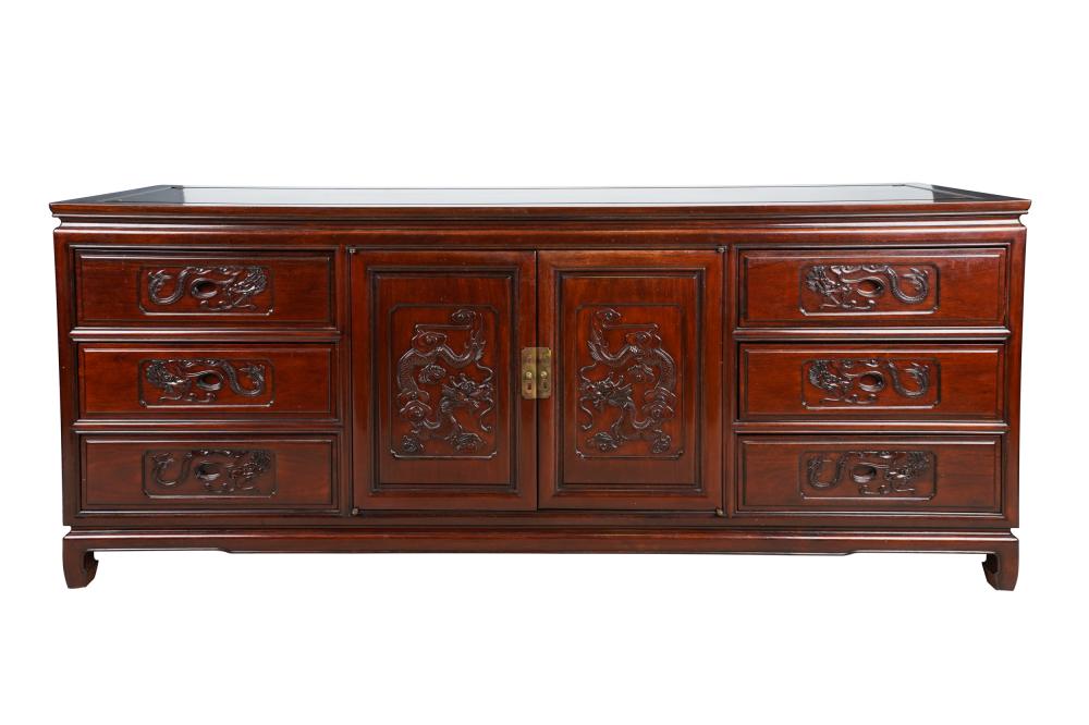 Appraisal: CHINESE WOOD SIDEBOARDtwo doors flanked by six drawers Condition late