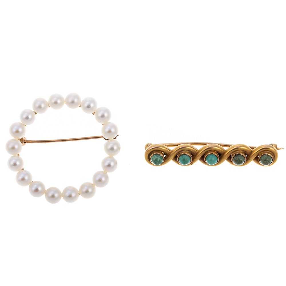 Appraisal: A Pearl Circle Brooch Turquoise Bar Pin in K K