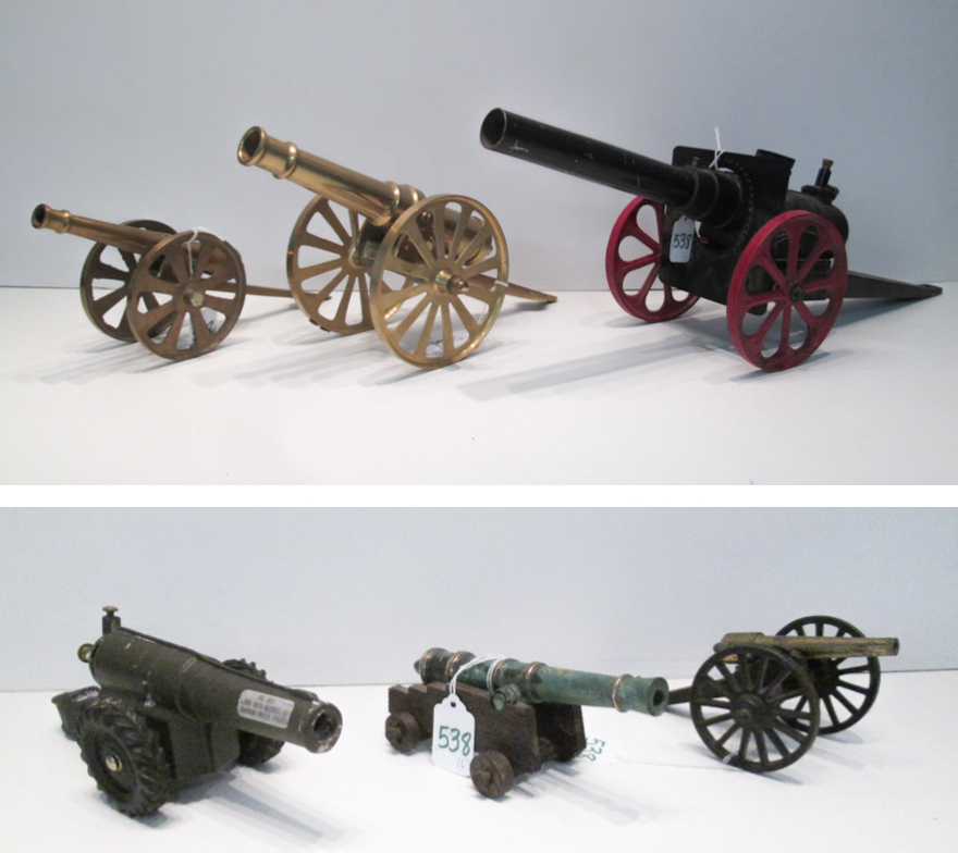 Appraisal: SIX DECORATIVE AND TOY CANNONS two are solid brass construction