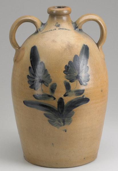 Appraisal: N CLARK ATHENS STONEWARE Double-handled four-gallon jug in semi-ovoid shape