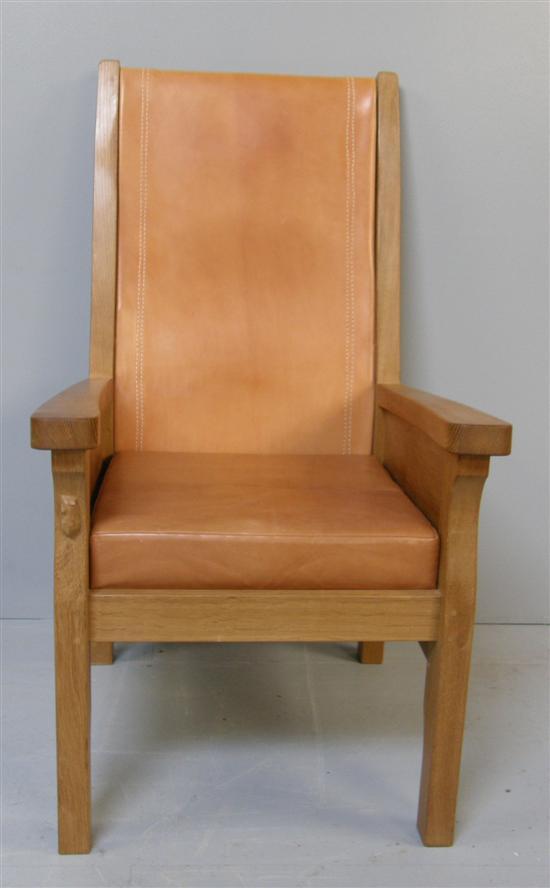 Appraisal: Oak and leather arm chair by Robert 'Mouseman' Thompson of