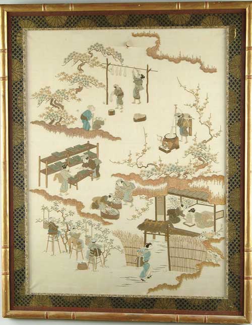 Appraisal: ORIENTAL FRAMED SILK PICTURE Decorative needlework picture showing the harvesting