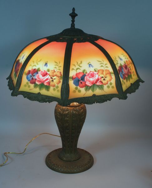 Appraisal: Lamp having bronzed white metal base and reverse painted shade