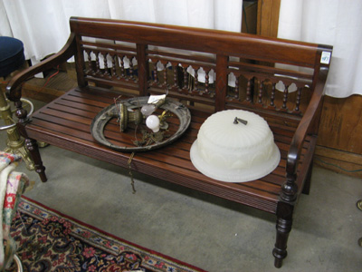 Appraisal: VICTORIAN STYLE MAHOGANY HALL BENCH having a molded crest-rail over