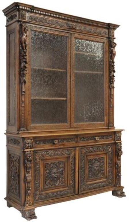 Appraisal: Italian Renaissance Revival carved walnut bookcase th c having dentil