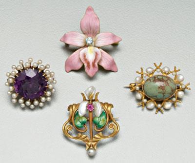 Appraisal: Four vintage gold pins one Art Nouveau floral design watch