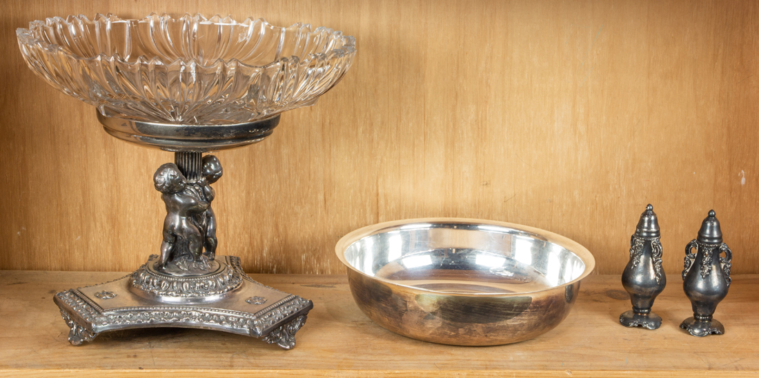 Appraisal: TWO SHELVES OF SILVER PLATE TABLE ARTICLES INCLUDING TEA POT