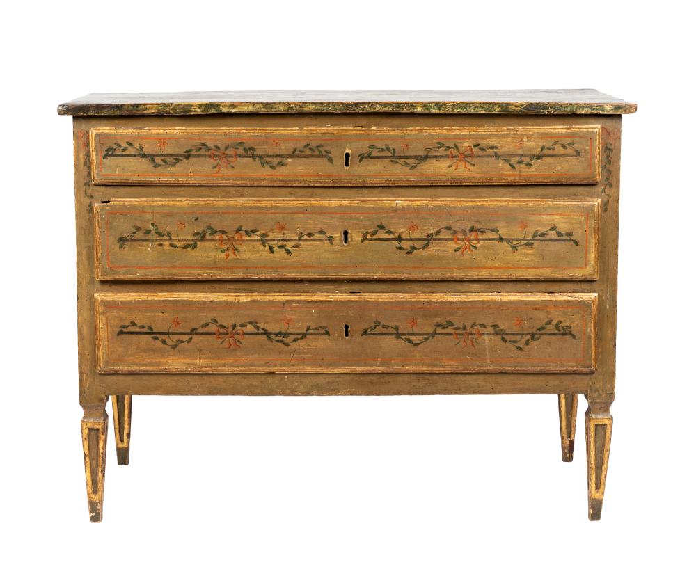 Appraisal: CONTINENTAL NEOCLASSIC PAINTED WOOD COMMODE th century the faux-marble top