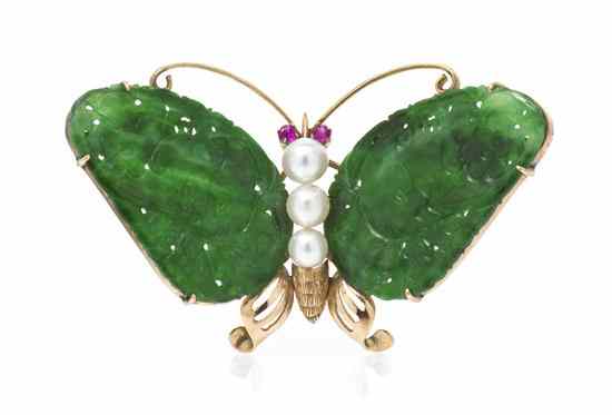 Appraisal: A Karat Yellow Gold Jade Cultured Pearl and Ruby Butterfly