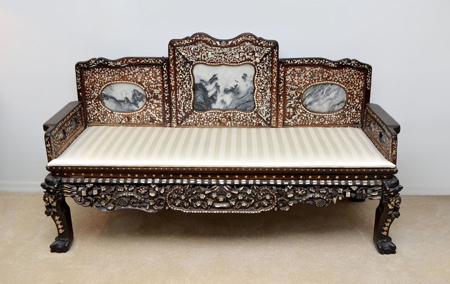 Appraisal: CHINESE CARVED ROSEWOOD YUNNAN MARBLE MOTHER OF PEARL OPIUM BED