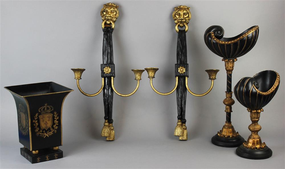 Appraisal: GROUP OF FIVE BLACK AND GILT DECORATIVE OBJECTS including a