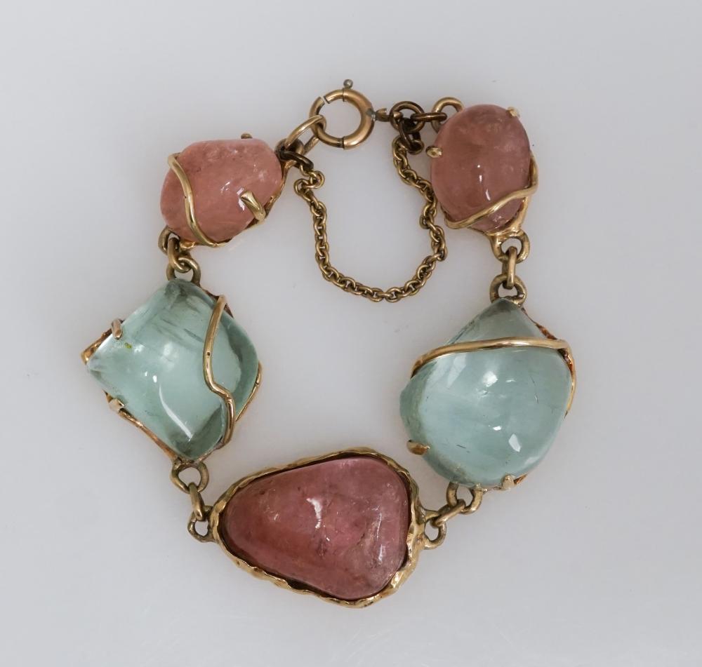 Appraisal: TESTED -KARAT YELLOW-GOLD PINK TOURMALINE AND AQUAMARINE BRACELETTested -Karat Yellow-Gold