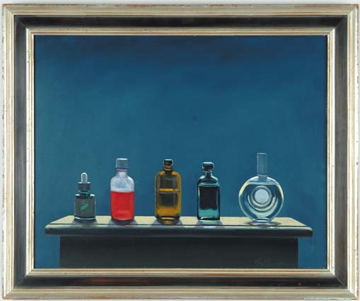 Appraisal: NEIL CHRISTENSEN American - BOTTLES IN A ROW Oil on