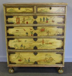 Appraisal: Antique Chinoiserie Decorated Tall Chest Raised o Bun Feet From