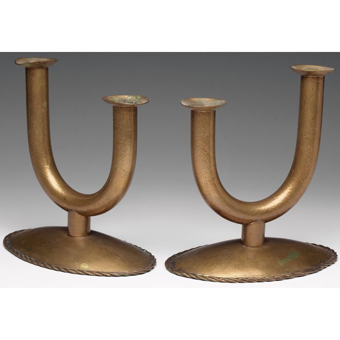 Appraisal: European candelabras pair large forms in hammered brass decorative trim