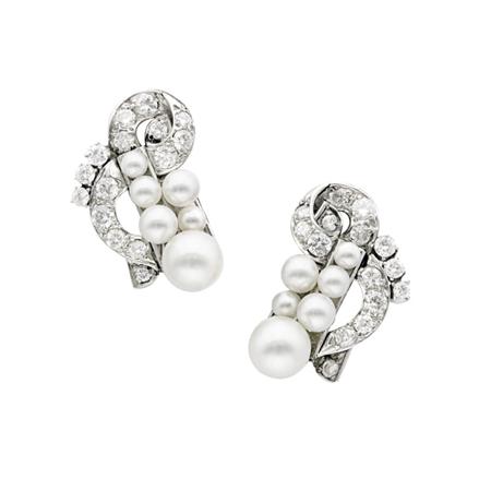 Appraisal: Pair of Cultured Pearl and Diamond Earclips Estimate -