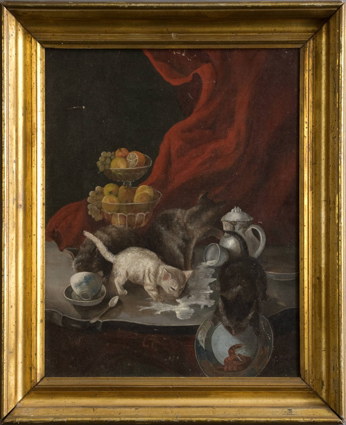 Appraisal: STILL LIFE PAINTING WITH BOWLS OF FRUIT AND KITTENS SIPPING