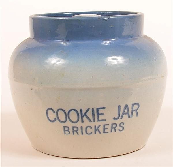 Appraisal: Salt Glazed Stoneware Brickers Cookie Jar Blue and White Salt