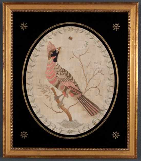 Appraisal: Anglo American needlework on silk picture depicting a bird on