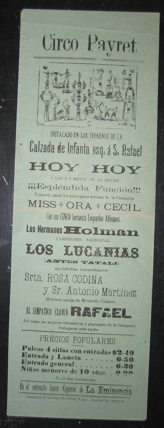 Appraisal: CUBA Circus advertisement for the Circo Payret Broadside x inches