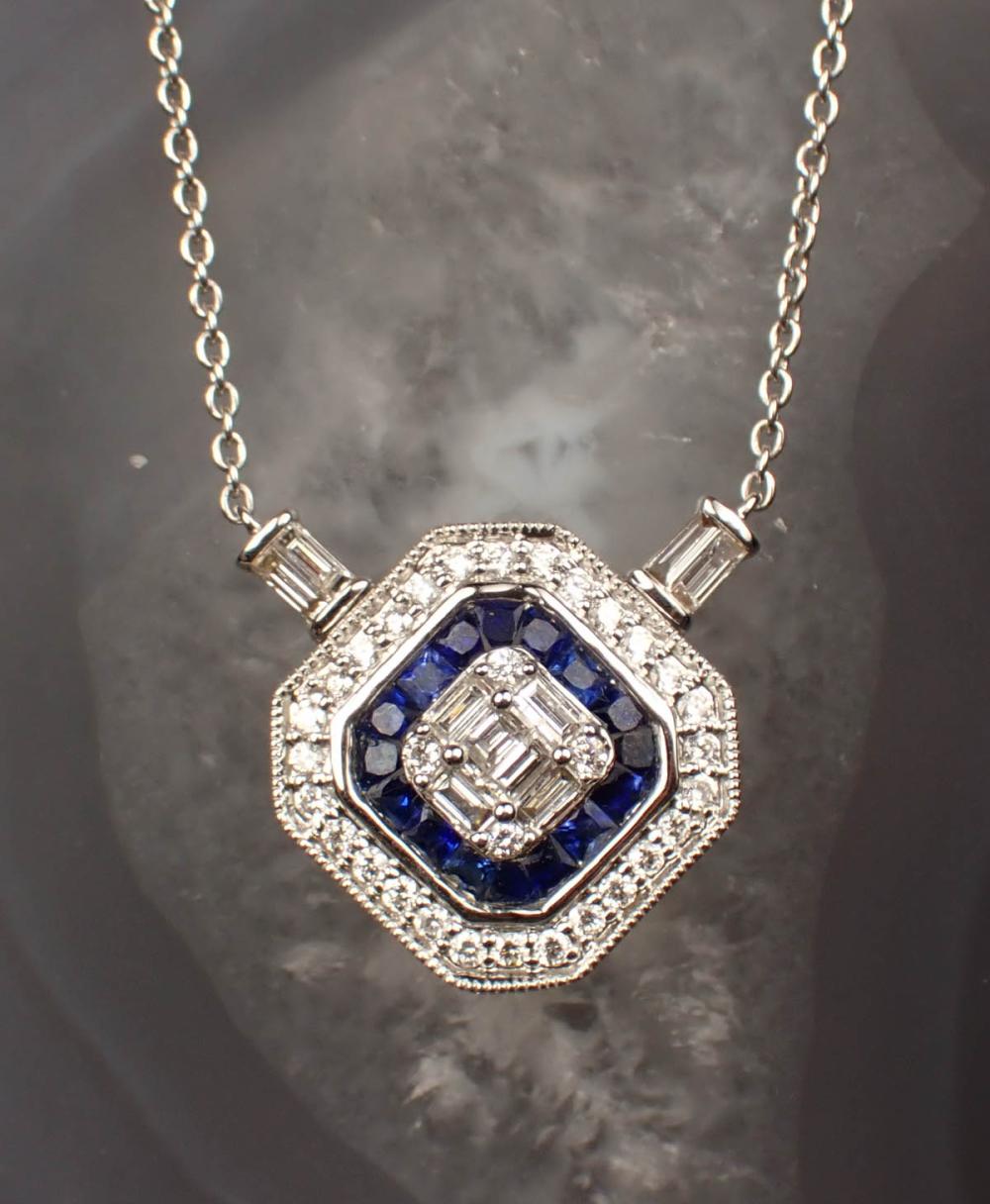 Appraisal: DIAMOND SAPPHIRE AND EIGHTEEN KARAT GOLD NECKLACE The white gold