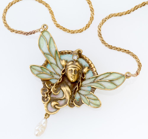 Appraisal: Dragonfly-woman necklace plique- -jour enamel diamond and pearl in k