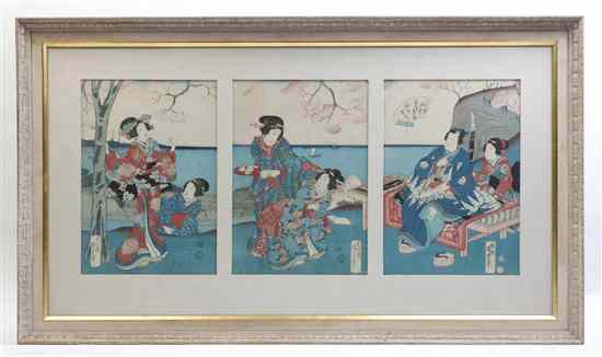 Appraisal: A Japanese Woodblock Print Utagawa Kunisada the triptych depicting scenes