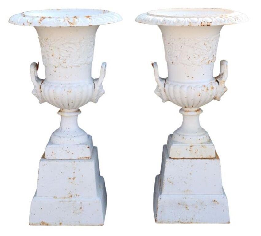 Appraisal: pair Cast iron campana-form garden urns on pedestals white painted