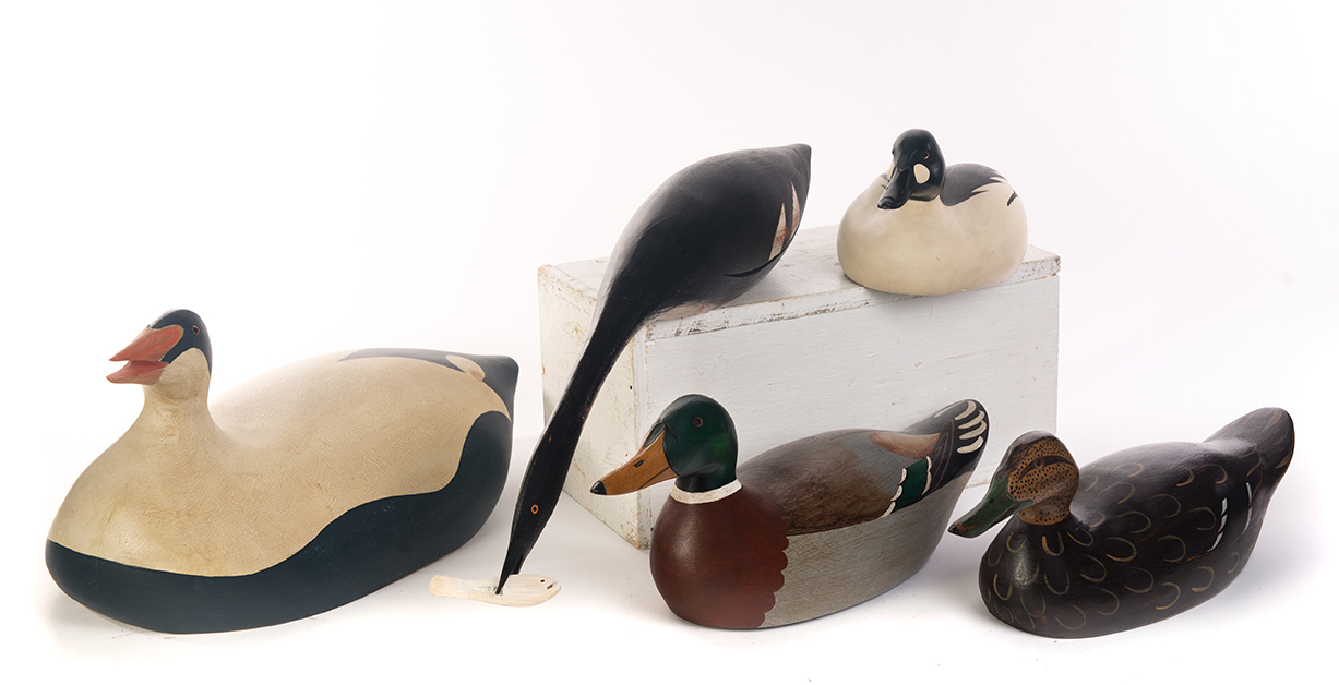 Appraisal: FIVE DUCK DECOYS American th century Large blue and cream