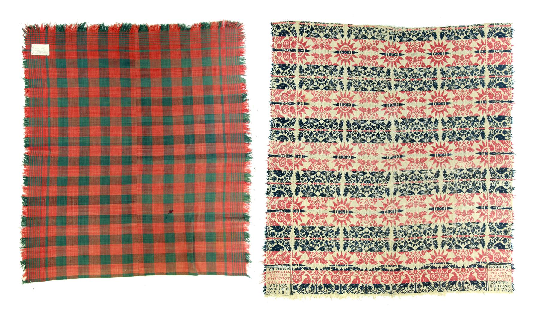 Appraisal: HANDWOVEN BLANKET AND OHIO JACQUARD COVERLET Center seam red and