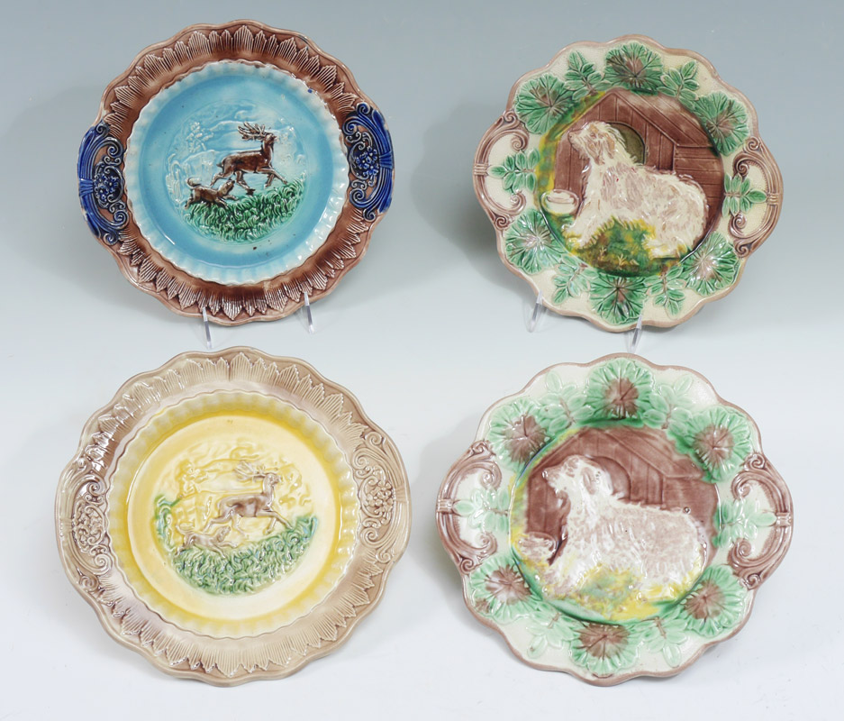 Appraisal: GROUP OF MAJOLICA DOG AND DEER PLATES each of running