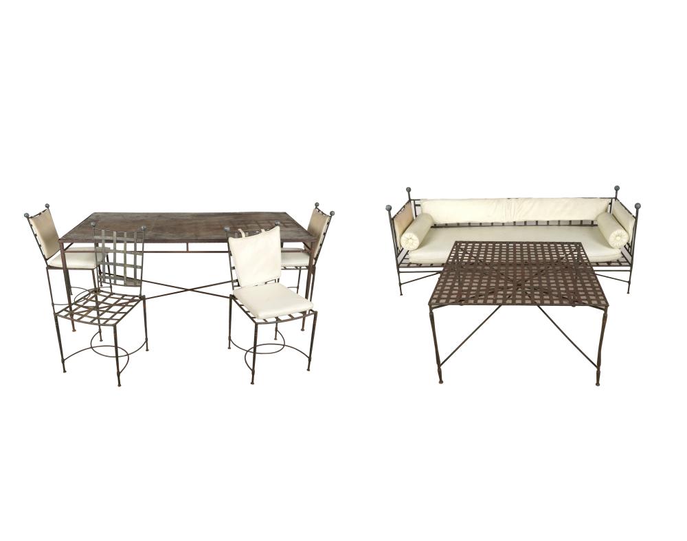 Appraisal: AMALFI IRON PATIO SUITEcomprising a dining table with wooden top