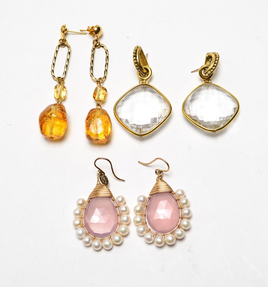 Appraisal: Gold-Tone Quartz Pearls Faux-Amber Earrings Group Gold-tone rose-quartz and pearls