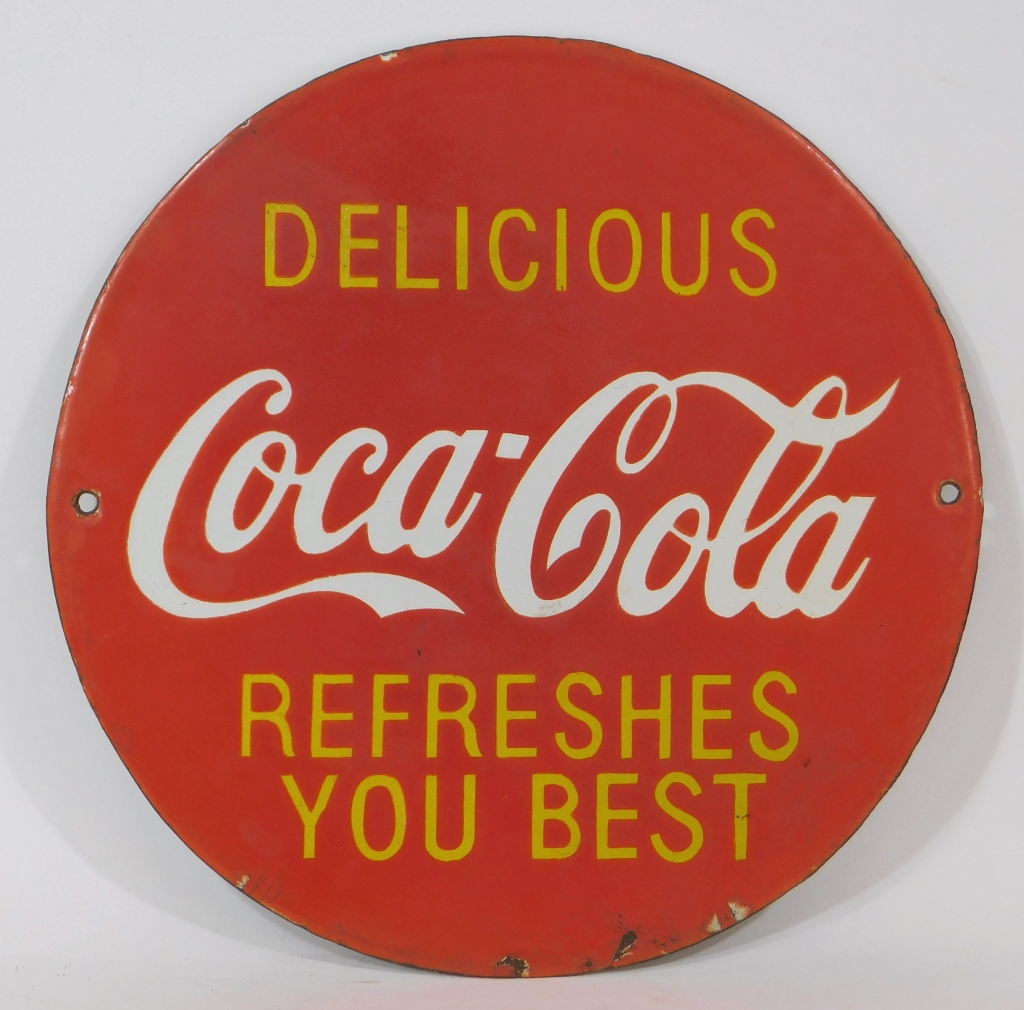 Appraisal: COCA-COLA RED ROUND PORCELAIN SODA SIGN United States Mid th