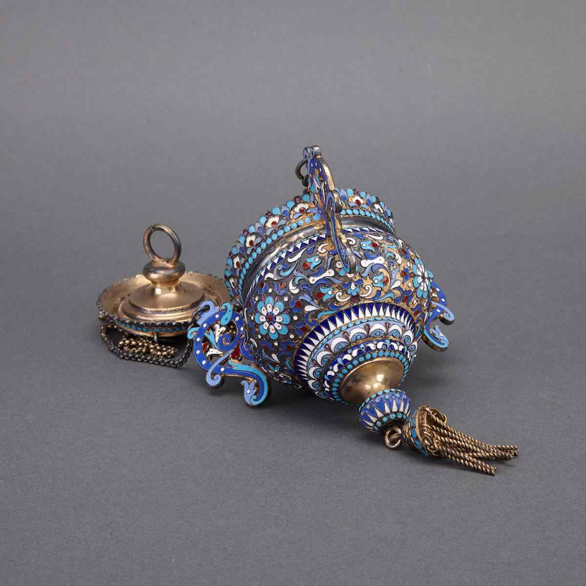 Appraisal: Russian Silver-Gilt and Cloisonne Enamel Thurible Sanctuary Lamp probably Alexei