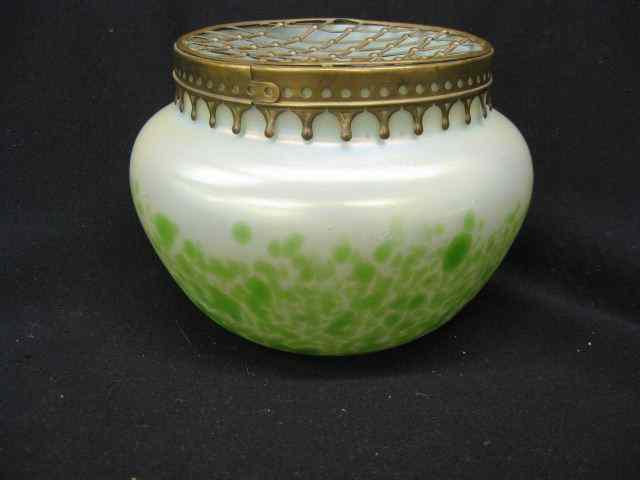 Appraisal: Loetz Art Glass Vase iridescent green oil spot brass flower