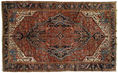 Appraisal: Heriz rug large central medallion on brick red field with