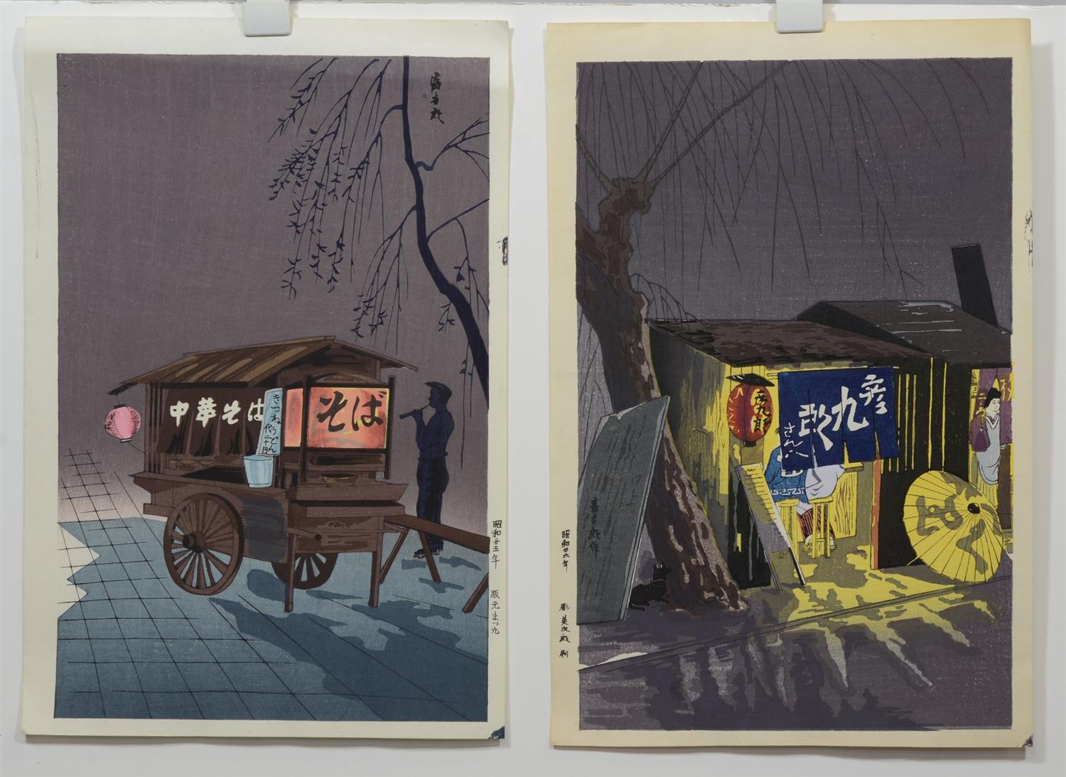 Appraisal: Japanese woodblock prints th c Nighttime Market Scenes unframed and