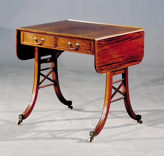 Appraisal: Regency style inlaid mahogany sofa table early th century rectangular