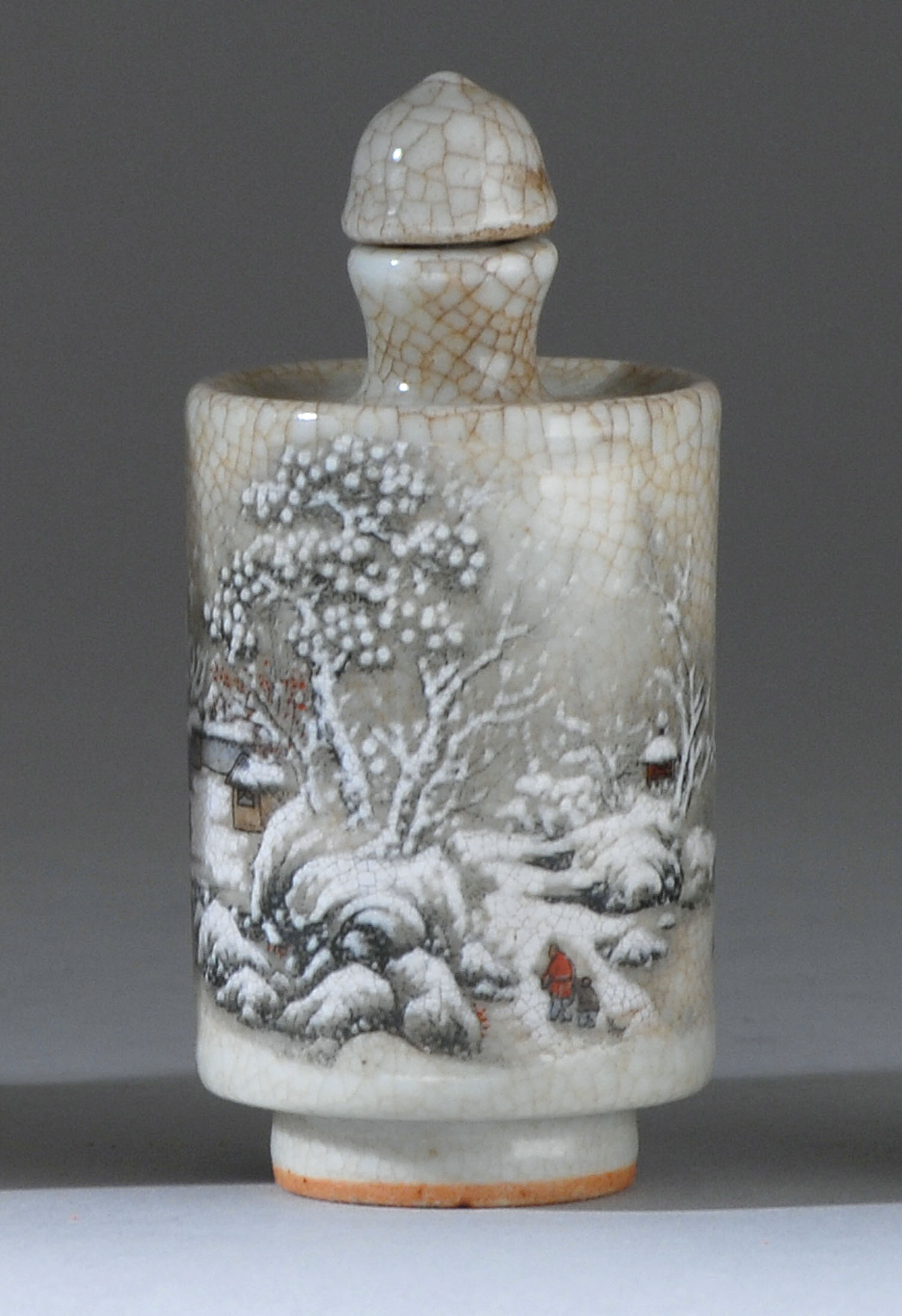 Appraisal: PORCELAIN SNUFF BOTTLE th CenturyIn cylinder form with snow scene