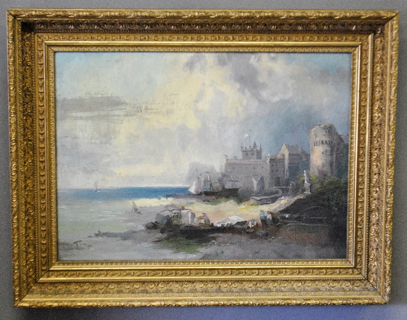 Appraisal: - Large oil on canvas painting of a medieval castle