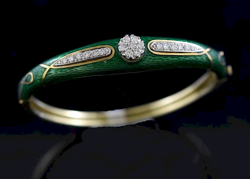 Appraisal: Stamped k yellow gold green enamel and diamond French bracelet