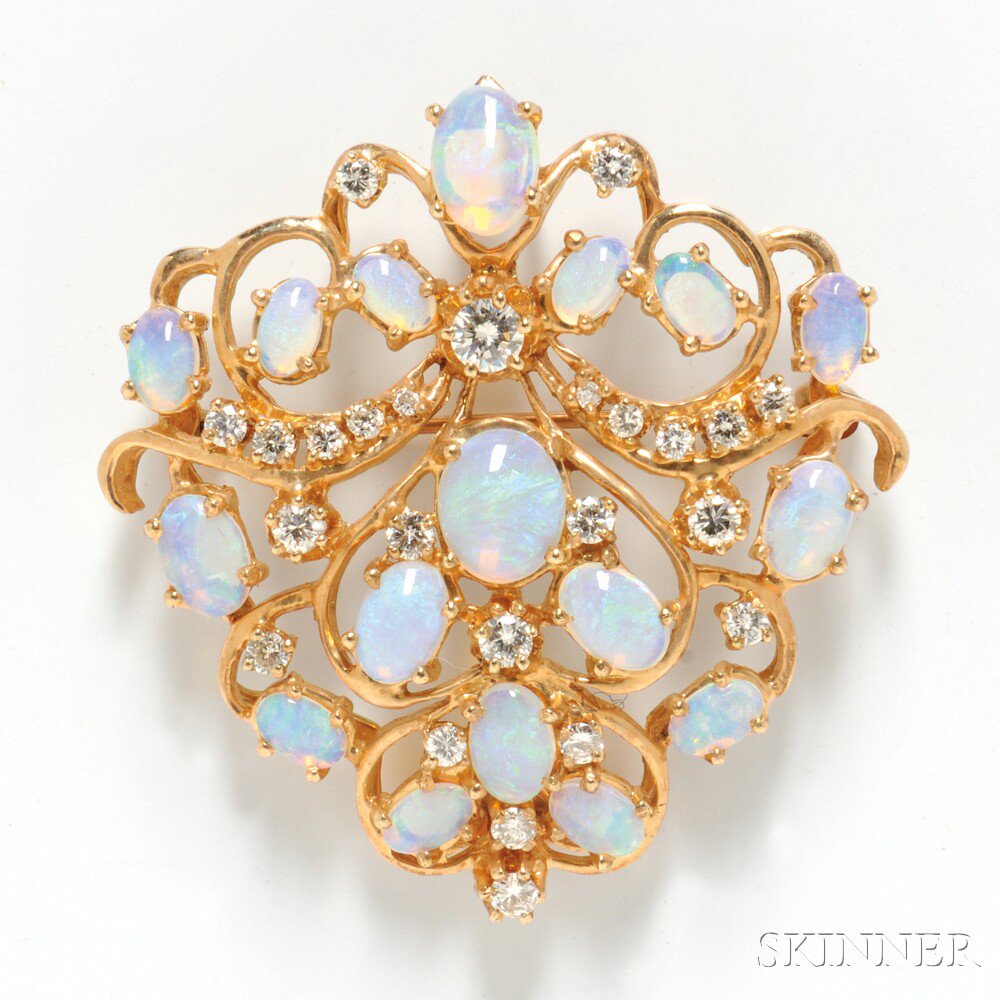 Appraisal: kt Gold Diamond and Opal Brooch dwt Estimate - Most