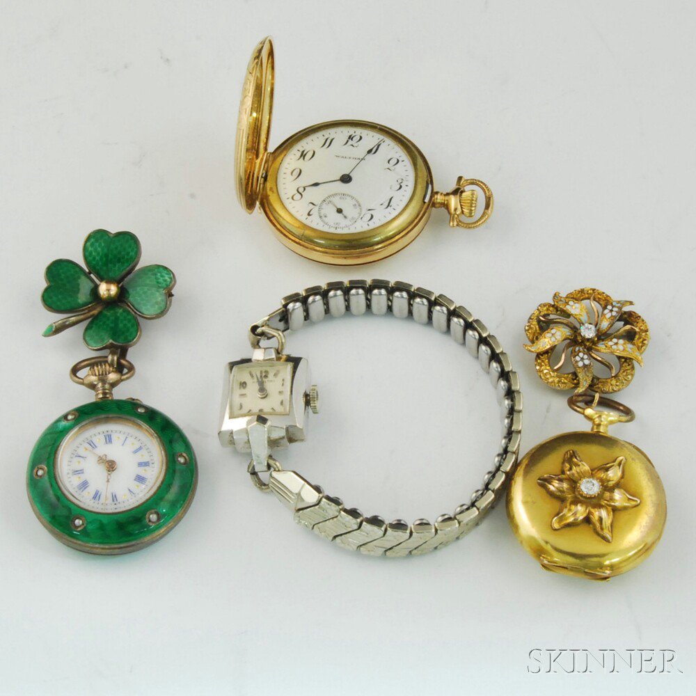 Appraisal: Four Watches a Swiss watch with enameled dial and green