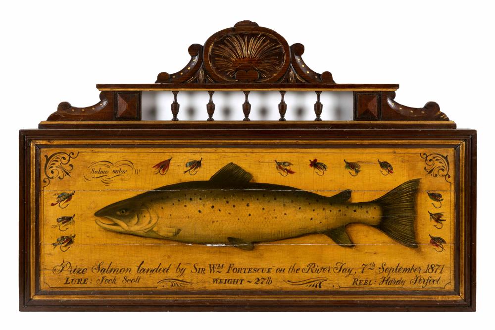 Appraisal: ENGLISH PAINTED PANEL DEPICTING A PRIZE SALMON MID- TH CENTURY