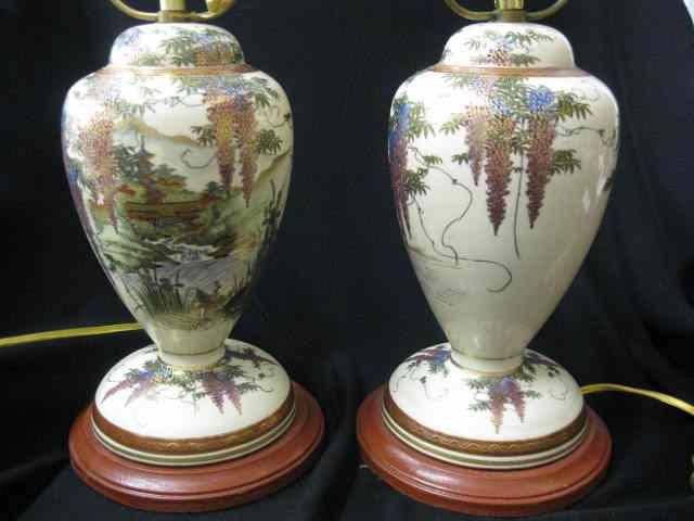 Appraisal: Pair of Japanese Satsuma Pottery Lamps wisteria landscape designs fine