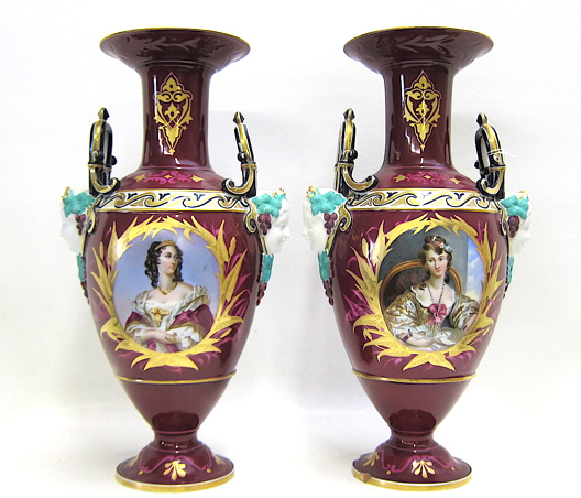 Appraisal: PAIR FRENCH HAND PAINTED PORCELAIN URNS each having central cartouche