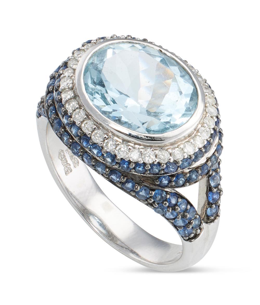 Appraisal: AQUAMARINE DIAMOND SAPPHIRE AND KT WHITE GOLD RING APPROX DWT