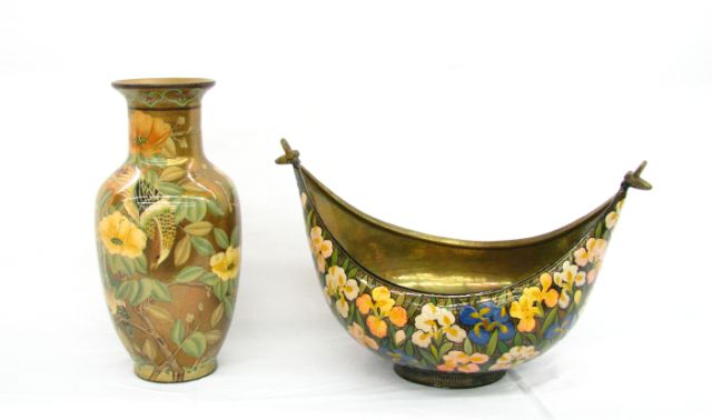 Appraisal: Enameled brass bowl and porcelain Chinese vase with bird and