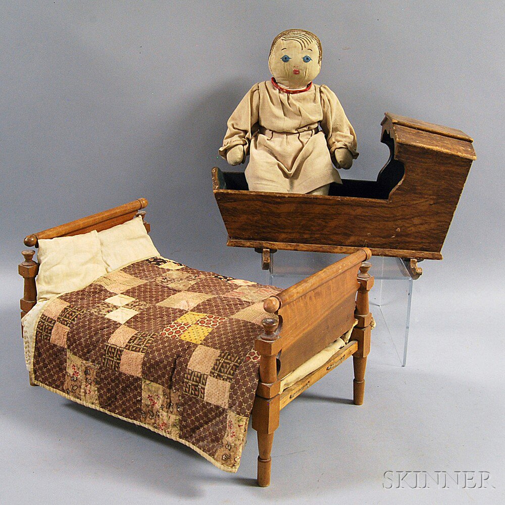 Appraisal: Cloth Doll with Doll Bed and Cradle th th century